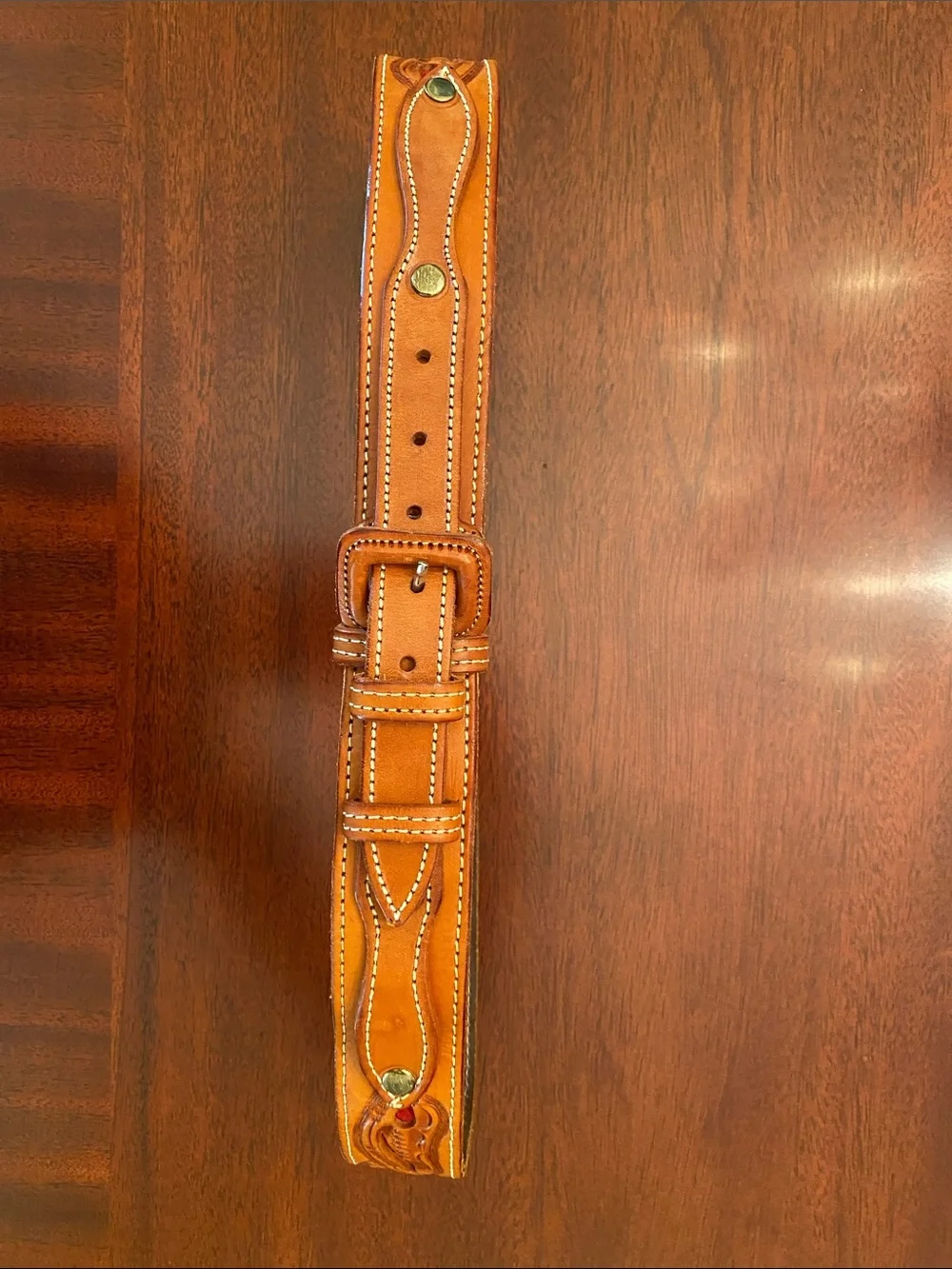 Unisex Leather RANGER Western-Style Tooled Belt with Red Accent
